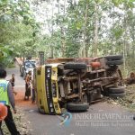Diduga Kelebihan Muatan, Truk Pengangkut Bata Terguling Saat Menanjak di Prembun