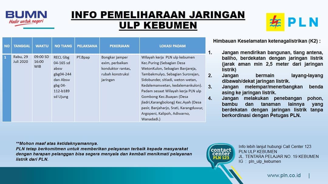 Pemadaman Listrik di Kebumen Hari ini Rabu 29 Juli 2020, Ini Wilayahnya